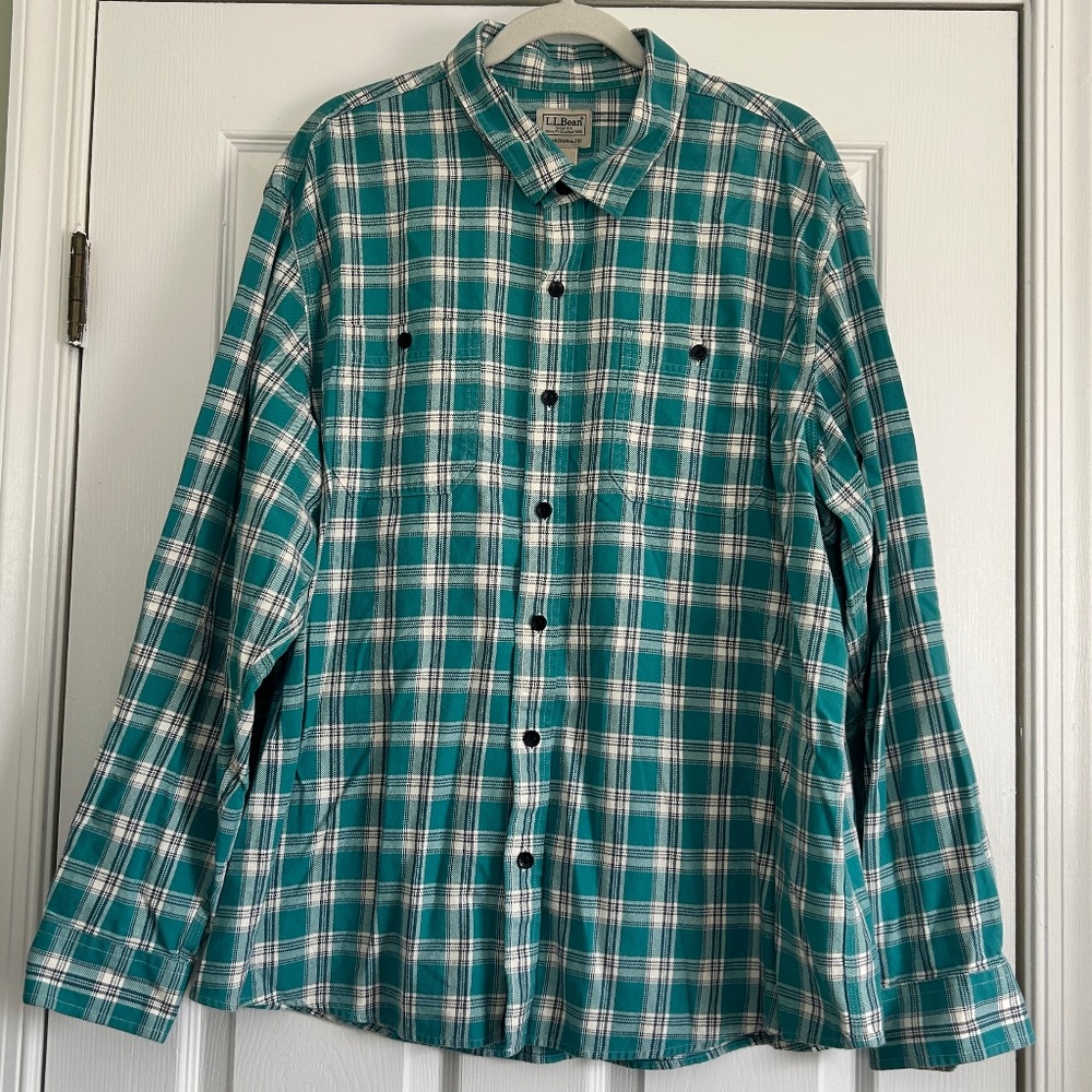 LL Bean Shirt Teal Tartan Plaid Traditional Fit Button Up Shirt, Size XL